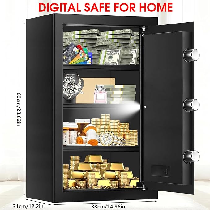 5.1 Cuft Large Home Safes Water and Fireproof with Digital Keypad & Key Lock, Fire Security Safes with 3 Removable Shelves, Anti-Pry Safe Box for Money Documents Jewelry, 23.62"H x14.96"W x 12.2"D