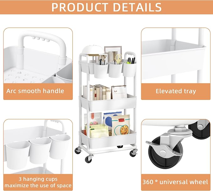 3-Tier Plastic Rolling Storage Cart Utility Cart with Extra Hanging Cups Handles Lockable Wheels for Living Room Bathroom Kitchen Office White | Utility Cart with Extra Hanging Cups Arc-Shaped Handles Lockable Wheels for Living Room Bathroom Kitchen Of...