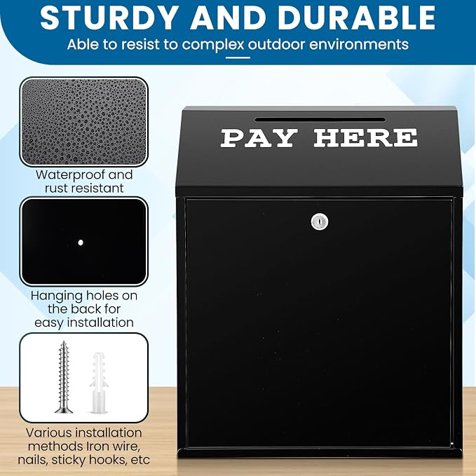 Yaocom Safe Metal Cash Box for Farm Stand – Money Drop and Secure Donation Collection, Wall Mount Lockable Unit with Pre Drilled Holes for Outdoor Self Serve(Black,18 x 15 x 7 Inch)