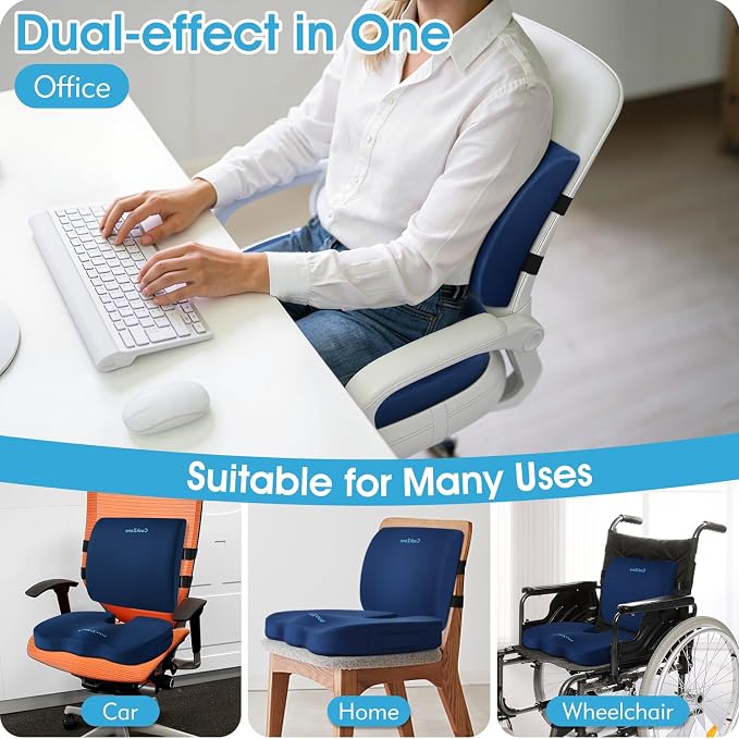 CushZone Seat Cushion, Lumbar Support Pillow with Adjustable Strap-Chair Cushions for Sciatica Pain Relief-with Washable Cover Memory Foam for Car, Travel and Wheelchair-Blue X-Large