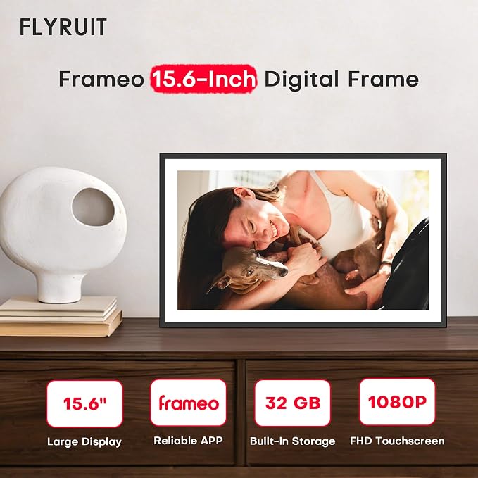 Frameo 15.6" Digital Picture Frame WiFi, Large Digital Photo Frame WiFi, 1920 * 1080 IPS FHD Touchscreen, 32GB Storage, Instant Share Photo Video, Wall-Mountable & Tabletop Display, Gift for Mom