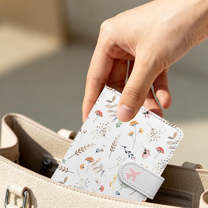 Passport Holder, Cute Travel Wallet Cover with RFID Blocking, Flower | PU leather travel wallet with magnetic closure, card slots, pen loop, and easy access for passports and essentials.