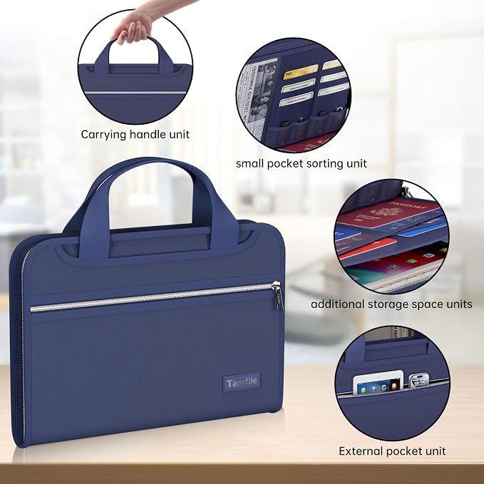 Tamfile Fireproof Accordion File Organizer, Expanding File Folder, Blue | 13 Pocket Colorful, Handle, Zipper & Labels, Multi-Pockets Paper Organizer, for Letter A4 Files, Home, Office, School