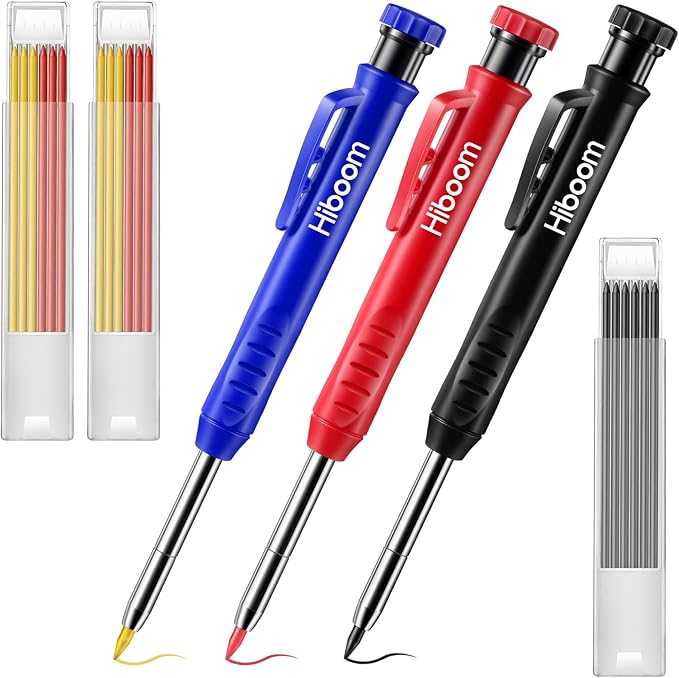 Hiboom 3 Pack Carpenter Pencil with 21 Refills (Blue, Red, Black) | Long Nosed Deep Hole Marker, Mechanical Pencil, Built in Sharpener, Marks Dark Surfaces, Construction Woodworking Tools