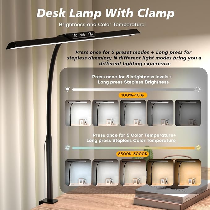 LED Desk Lamp with Clamp, Stepless Dimming Flicker-Free for Home Office | Architect Lamp, DC Adapter, 25 Modes, 12.8in Flexible Gooseneck, Eye-Friendly for Workbench & Reading