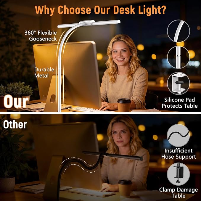 LED Desk Lamp for Home Office, Flexible Gooseneck Desk Lamp with Clamp, 5 Color Touch Control Stepless Dimming Adjustable Eye-Caring Desk Light with Adapter for Reading, Study, Workbench (White)
