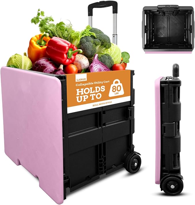Collapsible Ultra-Slim Pack-N-Roll,2 Wheel Utility Cart w/Lid Used as Seat up to 250 Lbs, Telescopic Handle, Super Strong, for Home,Garden,Shopping,Office,School, Large, Pink & Black