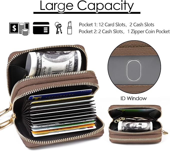 imeetu RFID Credit Card Holder, Small Card Wallet Women, Leather Card Case | Genuine Leather Women's Card & id Cases, Change Coin Purse with Zipper Keychain id Window, 20 Colors & 3 Styles, Daily, Gifts
