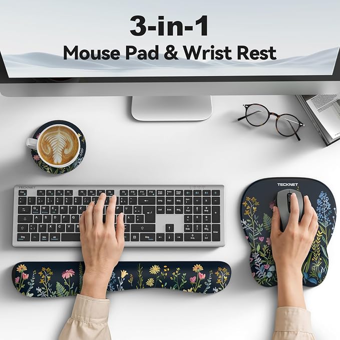 TECKNET Gel Ergonomic Mouse Pad & Keyboard Wrist Rest & Coaster | 3 in 1 Set, Pain Relief, Milk Silk Cloth, Non-Slip PU Base, Easy Typing, Memory Foam Wrist Support for Office & Home