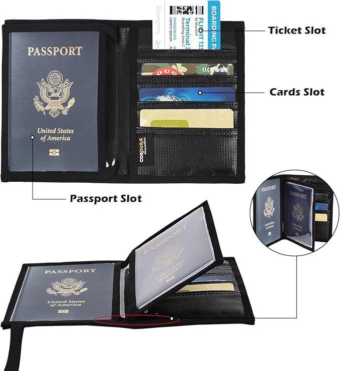 Rough Enough RFID Passport Holder, Travel Wallet for Family, Black | RFID blocking, Holds 4 passports & 3 Cards, Water-Resistant Cordura, Slim Compact Design, for Travel Documents Accessories