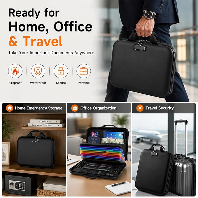 Fireproof Document Box with Lock, Waterproof Hard-Shell File Organizer with 13-Pocket Accordion Folder & Multi-Compartments for Laptop, Documents, Passports & Valuables