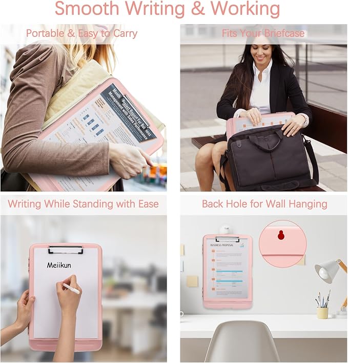 Meiikun Clipboard with Storage, Plastic Clipboards 8.5x11 with Pen Holder, High Capacity Nursing Clipboard Folder, Side Opening Storage Clip Board for Office Work Nurses Teachers (Light Pink)