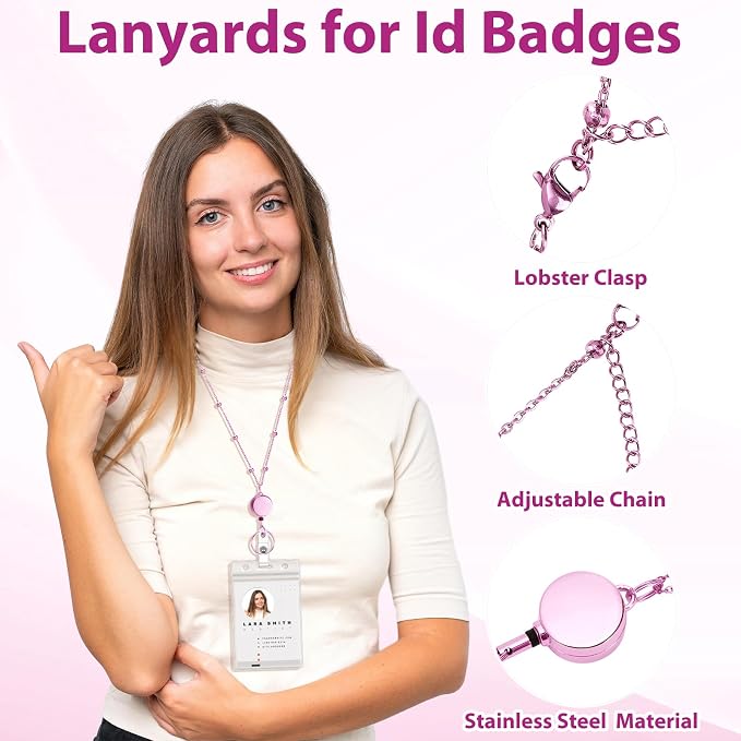 Lanyards for Id Badges Stainless Steel Badge Lanyards with 2 Pcs Waterproof Id Badge Holder Retractable Id Badge Lanyards Teacher Lanyard for Cruise Ship Key Cards Id Badges (Pink)