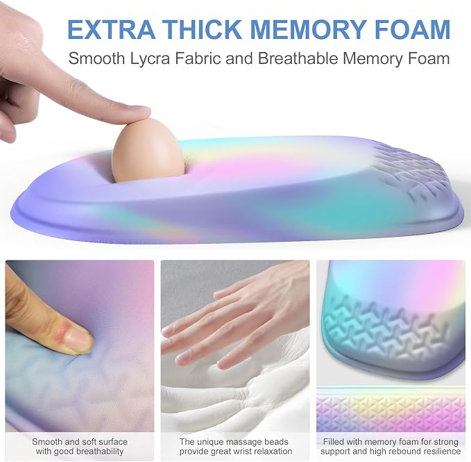 Ergonomic Mouse Pad with Wrist Rest, Memory Foam Support for Office | Sloped Ergonomic Design, Bumpy Massage Beads, Non-Slip PU Base, for Typing & Gaming, Gradient Blue Pink