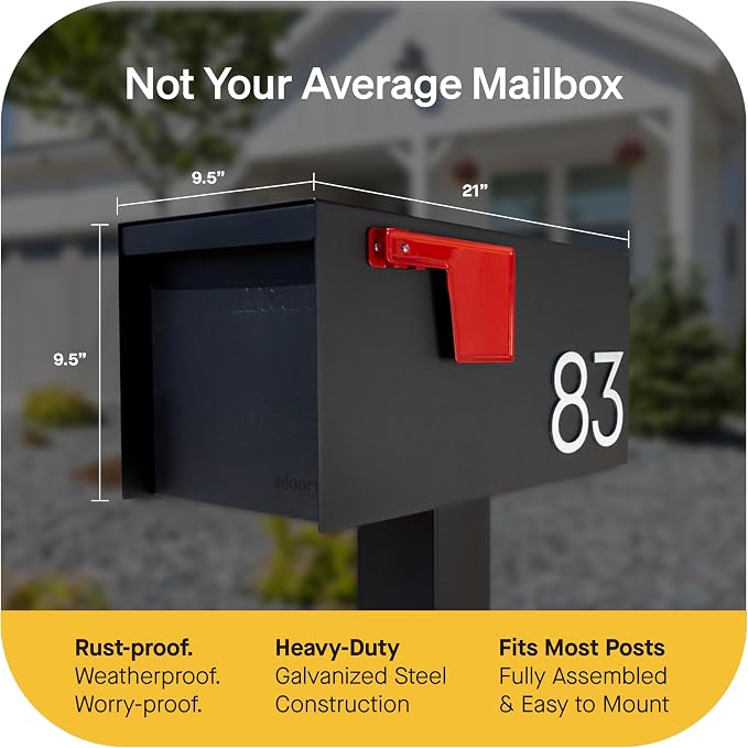 Adoorn Post Mount Outdoor Mailboxes - Large Decorative Mailbox for Letters and Packages - Weatherproof Construction - Durable Steel - Magnetic Closure - 9.5” H x 9.5” W x 20.75” D - Black