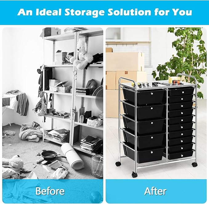 15 Drawer Rolling Storage Cart, Rolling Cart with Drawers for Classroom, Art Supply Craft Organizer on Wheel with Metal Frame & Handles for Home Office School
