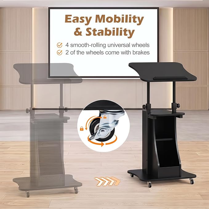 Tangkula Mobile Lectern Podium, Height Adjustable Podium Stand, Standing Sit-to-Stand Desk, Rolling Cart Laptop Desk with Swivel Top Movable Wheels & Storage