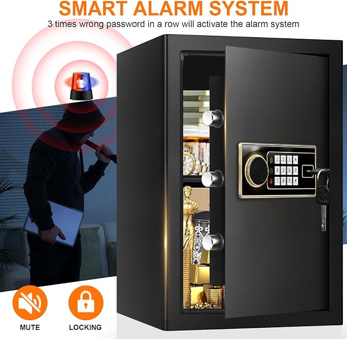3.4 Cuft Large Safe Box for Home, Digital Security Safe with Programmable Keypad and Key Lock, Home Safe for Document Money Valuables