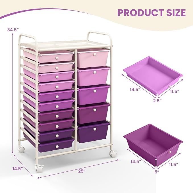 COSTWAY 15 Drawer Rolling Storage Cart, Mobile Storage Organizer | Removable Drawers & Metal Frame, Multipurpose Utility Tools Paper Organizer on Wheels for Home, Office (Purple Gradient)