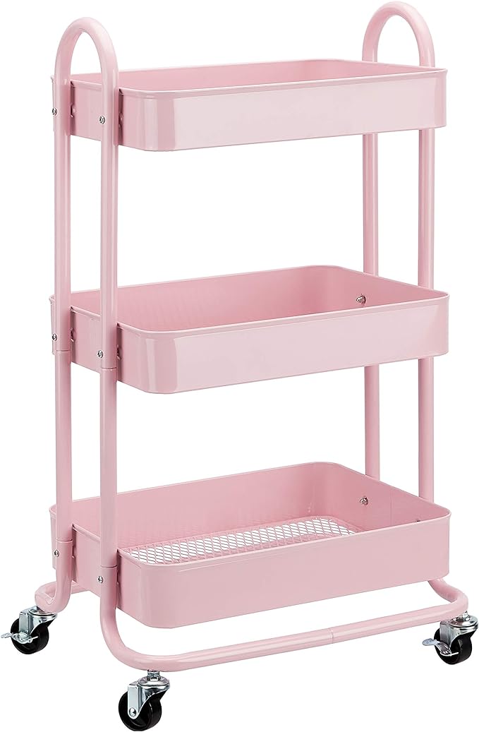 Amazon Basics 3-Tier Rolling Utility or Kitchen Cart, Lockable Wheels, Multifunctional Storage, Metal Storage Organizer, Portable, Dusty Pink