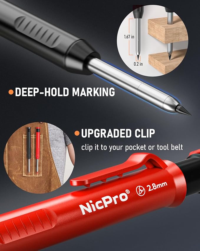 Nicpro 5 Pack Carpenter Pencil with Sharpener, Mechanical Carpenter Pencils | 41 Refills, Construction Pencil Heavy Duty Woodworking Pencils for Architect Marking (Red, Black, Orange, Blue, Black)