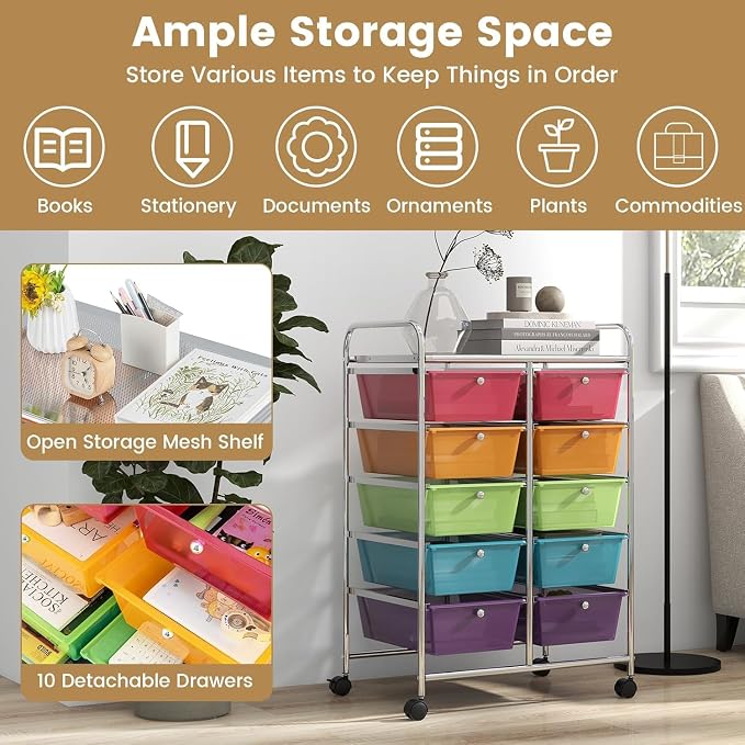 10 Drawer Rolling Cart, Storage Cart Organizer on Wheels, Drawer Cart with Metal Frame & Large Storage Capacity, Rolling Cart with Drawers for Living Room Classroom, Office
