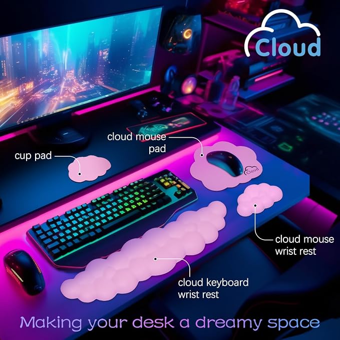 4 in 1 Ergonomic Leather Cloud Wrist Rest Keyboard and Mouse Pad & Coaster | Full 4-Piece Set, Non-Slip PU Base, Soft Memory Foam Comfort For Long Work/Gaming Hours, Cute Desk Decor, Easy To Clean