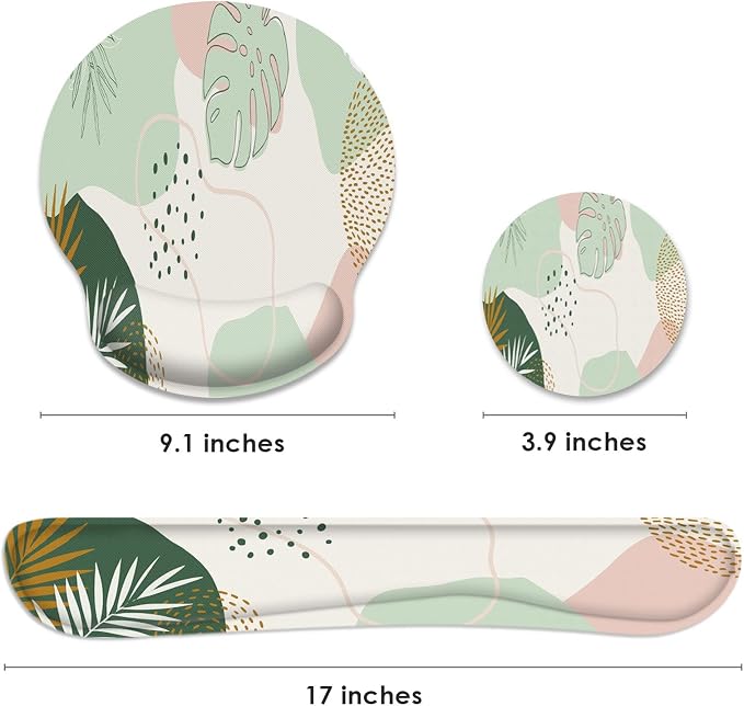 Ergonomic Mouse Pad Set with Wrist Rest, Boho Leaves | Green Non-Slip Rubber Base Wrist Cushion Support and Coasters Mousepad with Wrist Support for Computer Keyboard