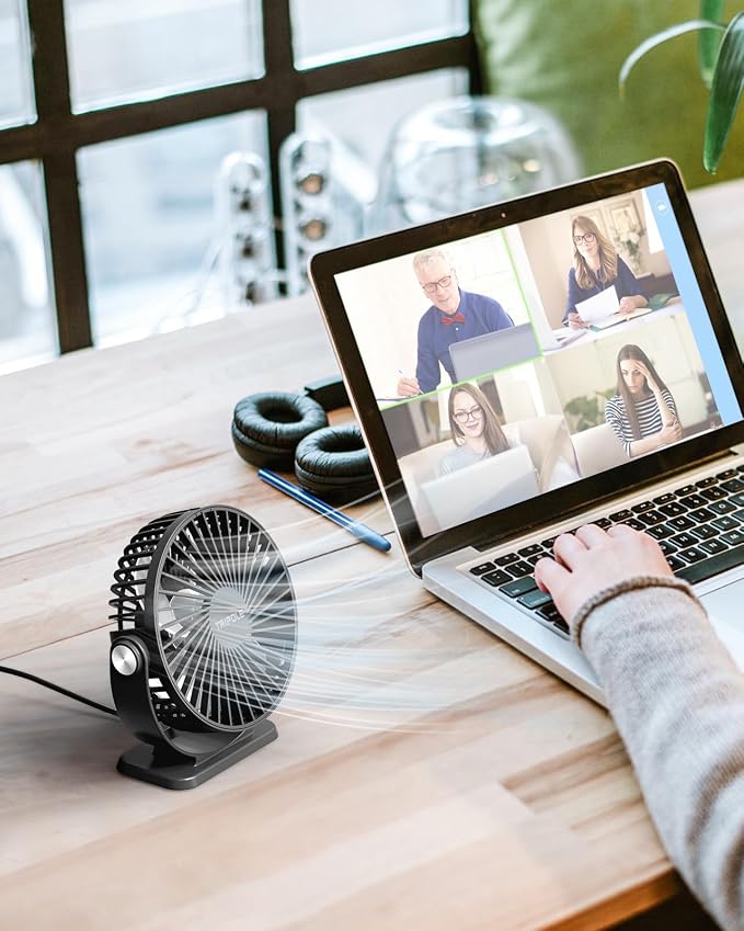 TriPole Small Desk Fan USB Powered Mini Portable Fan 360°Rotation, 5.1 Inch | 3 Speeds Plug In USB Desk Fan, Strong Airflow, Small Quiet Personal Fan for Home Office Bedroom Hotel Travel, 4.9ft Cable