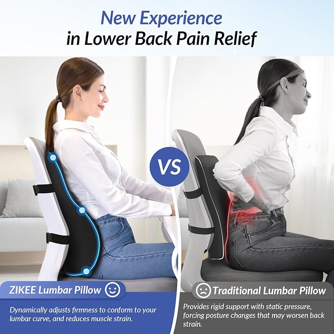 ZIKEE Lumbar Support Pillow with Adjustable Airbag for Back Pain Relief | Ergonomic Memory Foam Back Support Pillow, Provides Comfortable Support & Improves Posture, Fits Office Chair, Car Seat, Home