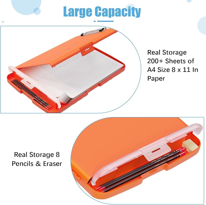 Hongri Clipboard with Storage with Pencil Case, 8.5 x 11 Storage Clip Board | High Capacity Organization Box for A4 Letter Legal Paper, Heavy Duty Folio & Side-Opening for Nurses, Teachers, Orange