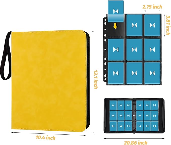 GERMUN 3 Ring 9 Pocket Zipper Card Binder, 720 Double Sided Standard PU Trading Card Album Folder for TCG & Sports Cards, Not Fit Top Loaders (Yellow)