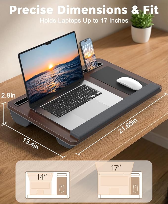 HETTHI Lap Desk with Cushion, Large Laptop Desk for Adults, Up to 17" Laptop Tray for Bed with Wrist Rest, 2 Self-Adhesive Mouse Pads, Portable Handle, Tablet Phone Slot (Dark Brown)