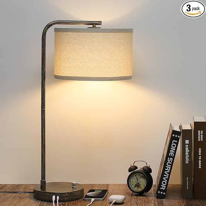 25" Tall Bedside Table Lamp with USB C+A Ports, Fully Dimmable Desk Lamp | Industrial Minimalist Nightstand Lamp, Vintage Reading Light for Bedroom Living Room Office, 3000K LED Bulb Included