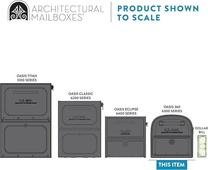Architectural Mailboxes 6300B-10 Oasis 360 Locking Parcel Mailbox, Extra Large, Black, 6300B-10 | Galvanized steel build with a secure steel cam lock, dual access doors, and hopper delivery door. USPS approved.