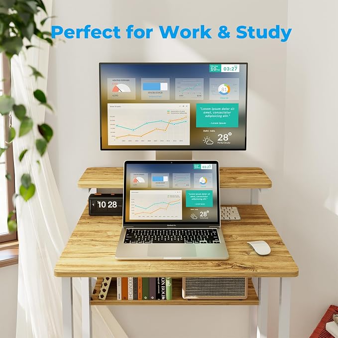 GreenForest Folding Desk with Adjustable Monitor Stand, 24.8 in Small Desk | Storage Shelf, Lockable Wheels, Portable, Space Saving, Mobile Rolling Table for Small Spaces, Home Office, Writing, Oak