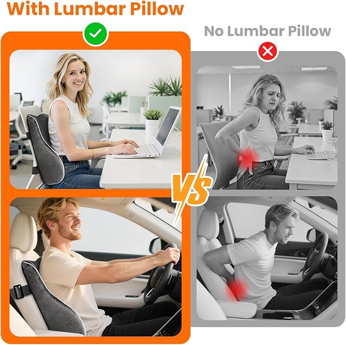 CloudBliss XL Lumbar Support Pillow, Memory Foam for Office Chair, Gray | Ergonomic High-Density Memory Foam, Adjustable Straps, Washable Mesh Cover, Lower Back Support for Office, Gaming & Car Seat