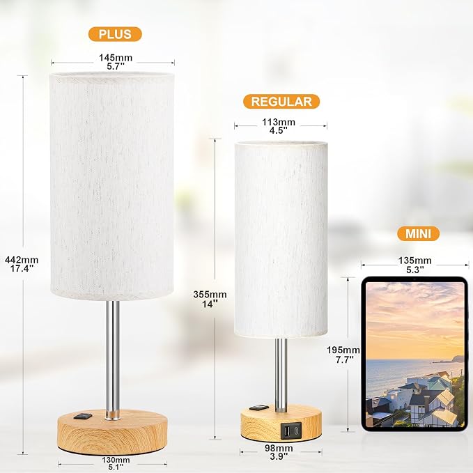 Touch Table Lamp - Cream, 3-Way Dimmable, USB A + C Charging, AC Outlet, 17.4inch Medium, Wood Grain Base