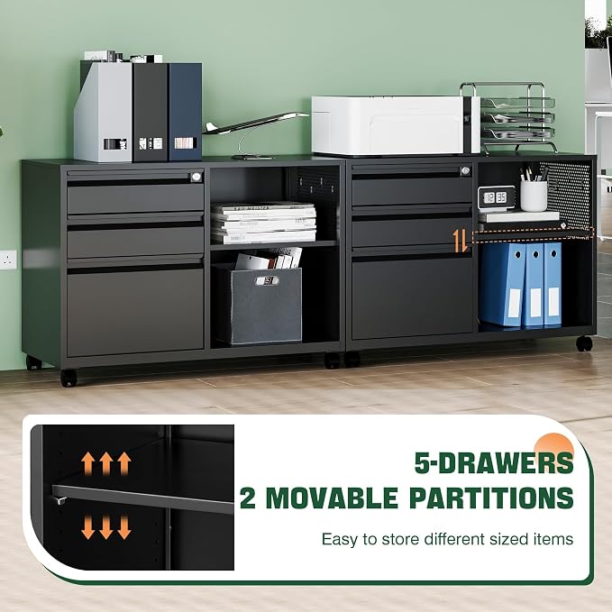 Mobile 3 Drawer File Cabinet with Lock-Metal Lateral Rolling Printer Stand Filing Cabinets for Home Office-Storage A4/F4/Letter (Black)