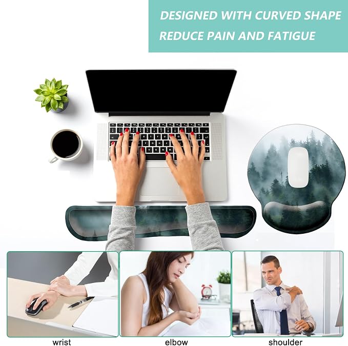 Keyboard Wrist Rest Pad Mouse Pad with Wrist Support Set of 3, Mousepad with Non-Slip Rubber Base, Ergonomic Memory Foam Mouse Wrist Cushion Support for Home Office Laptop Computer Gaming, Forest