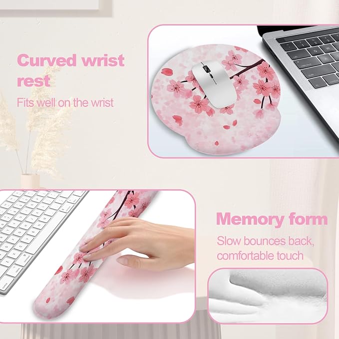 Cherry Blossom Pink Flower Mouse Pad with Wrist Rest Set, 3-in-1 Wrist Support Mousepad Set, Gaming Mat Pad with Anti-Skid Base,Ergonomic Memory Foam Mouse Pad Set for Women, Office, Typing, Gaming