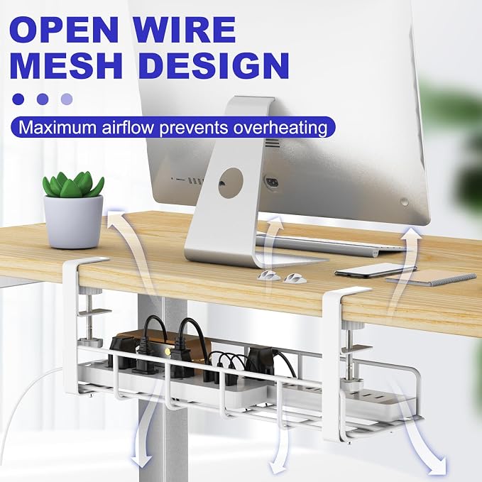 Under Desk Cable Management Tray No Drill Steel Rack White | No drill heavy duty steel cable tray 31.5",Clamp mount wire organizer,White adjustable under desk rack(2 pack)