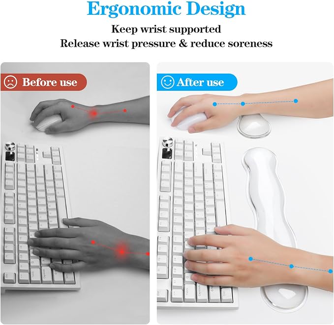Ergonomic Gel Keyboard and Mouse Wrist Rest Set – Clear Wrist Support for Keyboard 60%/68%/75%, Comfort & Support for Typing and Gaming (White)