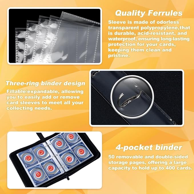 Jravkfi Card Binder 4 Pocket with 50 Removable Sleeves-Can Hold 400 Cards,3-Ring Zipper Sports Book, Ideal for All Card Collectors（Black）