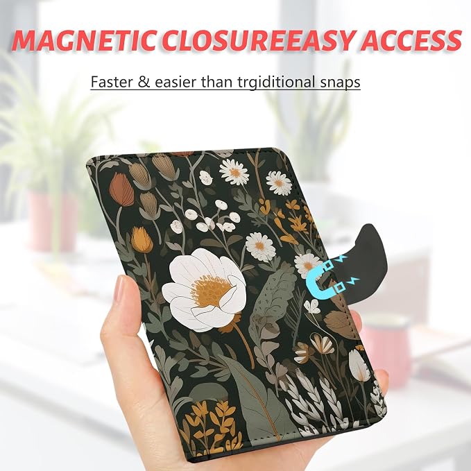 Passport Holder, Cute Travel Wallet Cover with RFID Blocking,flower | PU leather travel wallet with magnetic closure, card slots, pen loop, and easy access for passports and essentials.
