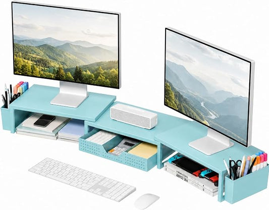 Desk Organizers and Accessories, Dual Monitor Stand Riser with Drawer and 2 Pen Holders, Desk Shelf Computer Monitor Stand for Office Workspace Organizers, Desktop Organization (Blue)
