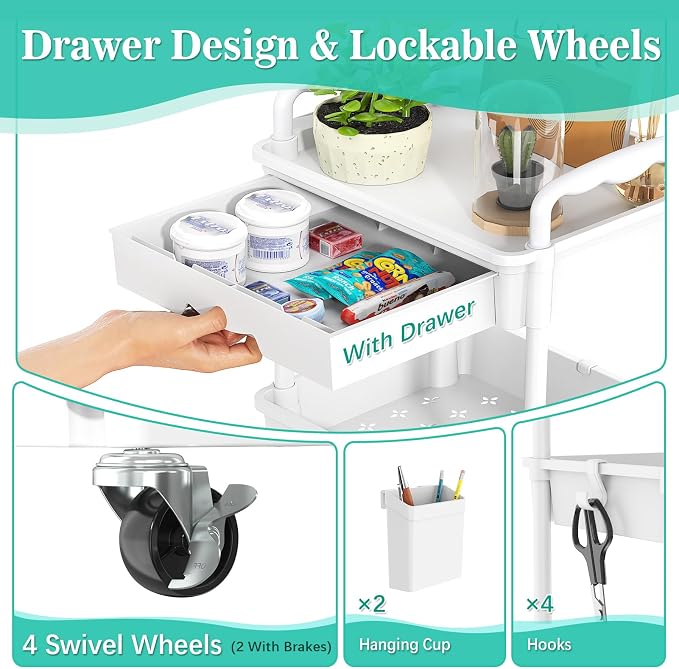 SUNALLY 4 Tier Rolling Cart with Drawer, Craft Storage Cart Organizer,White | Bathroom Storage Organizer with 2 Lockable Wheels, Rolling Utility Cart for Kitchen, Office, Baby, Makeup, Nail,Snack,Laundry