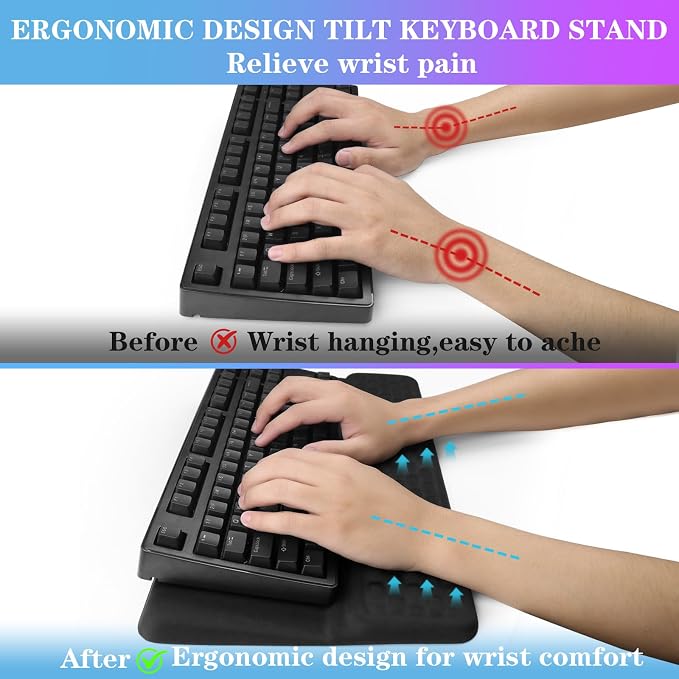 Computer Keyboard Stand with Wrist Rest Support Pad, Black | Ergonomic Comfy Tilted Keyboard Stand Riser Holder Pad for Pain Relief, Soft Memory Foam Desk Cushion for Office Home