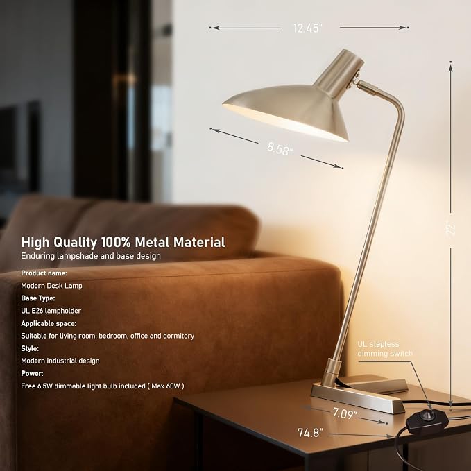 Industrial Desk Lamp Metal Modern Table Lamp 22", Adjustable Neck (4000K) with Adjustable Switch, Ideal for Office Desk Bedroom Bedside Lamps Study Room Living Room Side Table (Nickel)