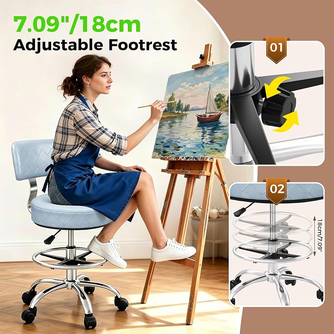Office Drafting Chair with Footrest, Tall Height Adjustable Stool with Back Support, Heavy Duty Rolling Stool Chair with Wheels for Office Home Kitchen Bar Shop Guitar Studio Vanity, Dusty Blue